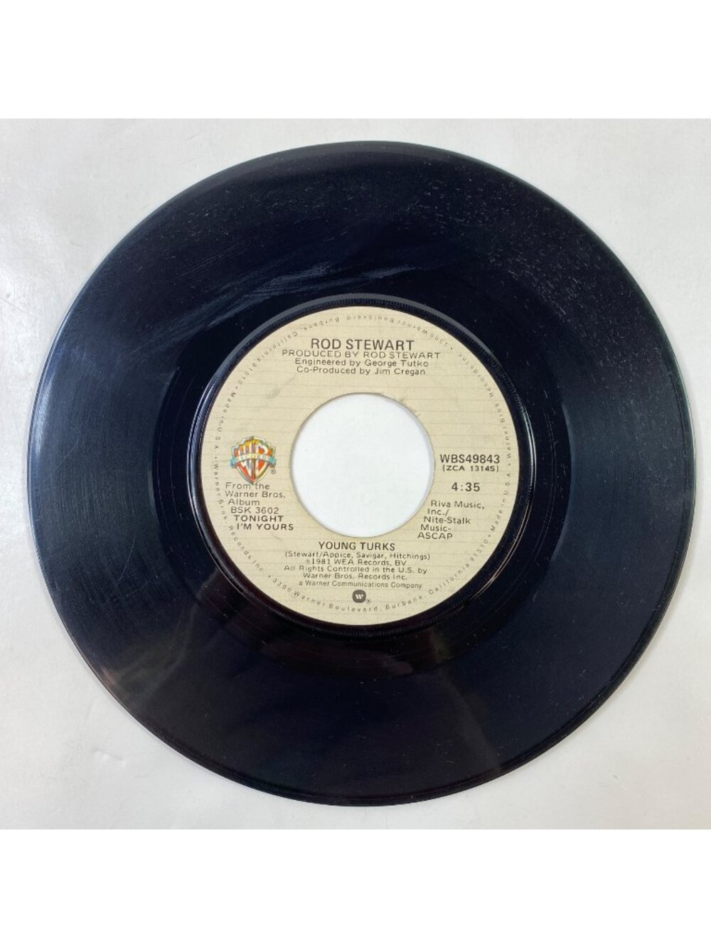 Vintage Warner Bros. Vinyl Record Single 45 RPM Rod Stewart Young Turks/Sonny